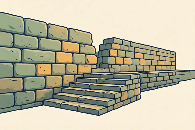 A long old stone wall with a row of stone steps in front of it, no people