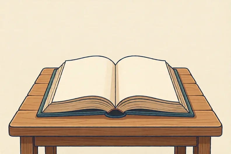 An old open book on a wooden table in soft light, with no readable writing