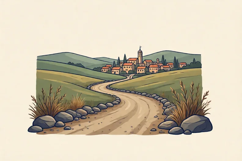 A dusty hill road winding down toward a small town, with no people on it