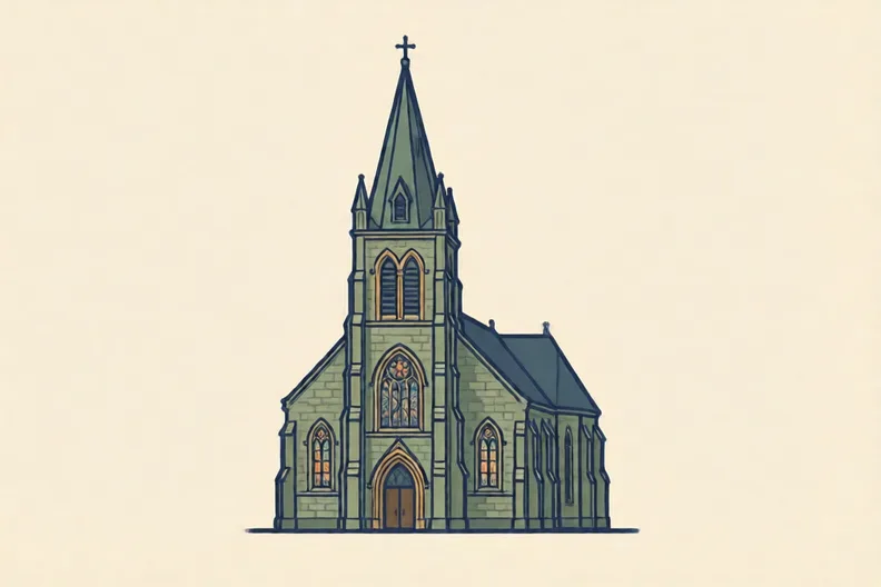 A flat illustration of a church with a tall spire
