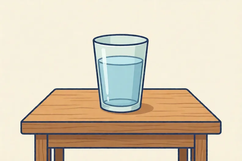 A clear glass of water on a plain wooden table