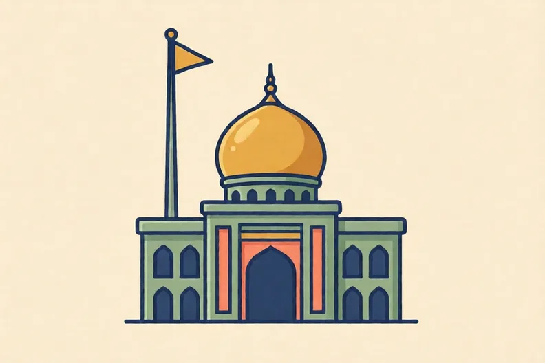 A flat illustration of a gurdwara with a golden dome and a flag pole