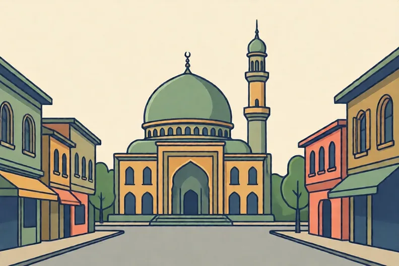 A flat illustration of a mosque with a dome and a tall minaret