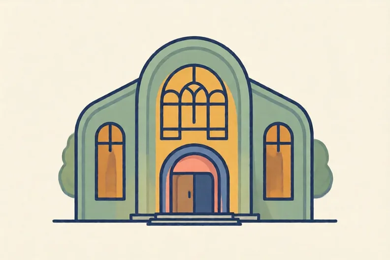 A flat illustration of a synagogue with arched windows