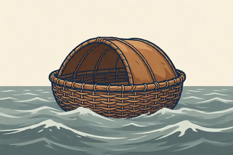 A wicker boat covered in animal hide floating on rough water