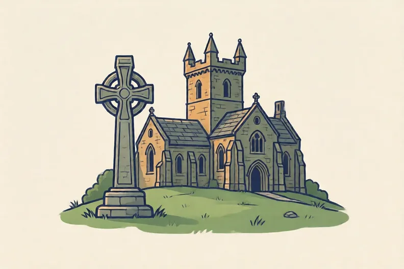 A stone abbey with a Celtic cross standing in front of it