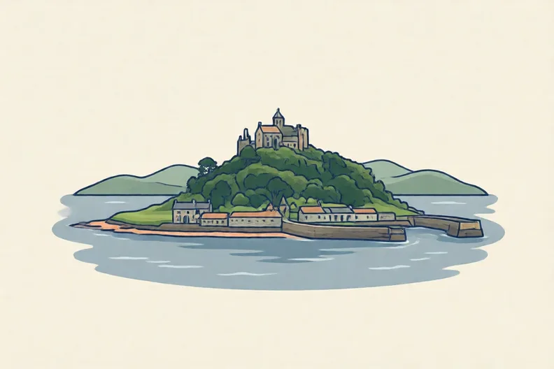 A small green island with a stone abbey by the shore and grey sea