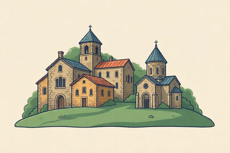 Stone buildings of a monastery beside a small church on a hillside
