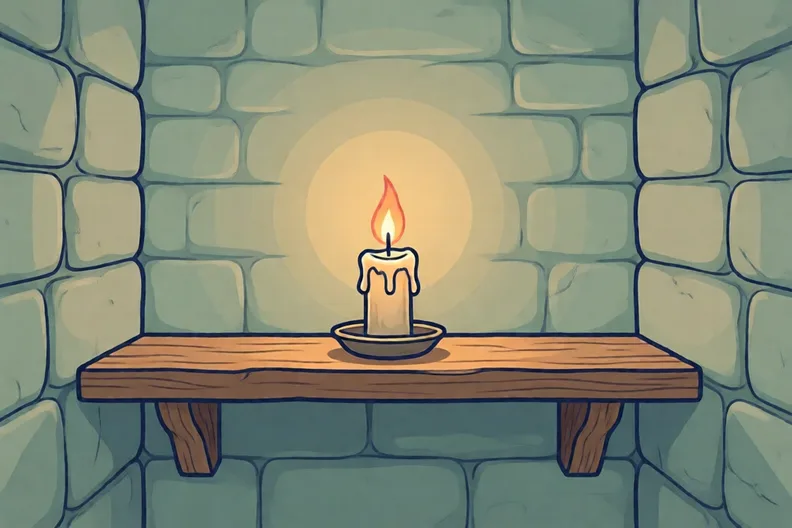 A single lit candle on a wooden shelf in a stone room