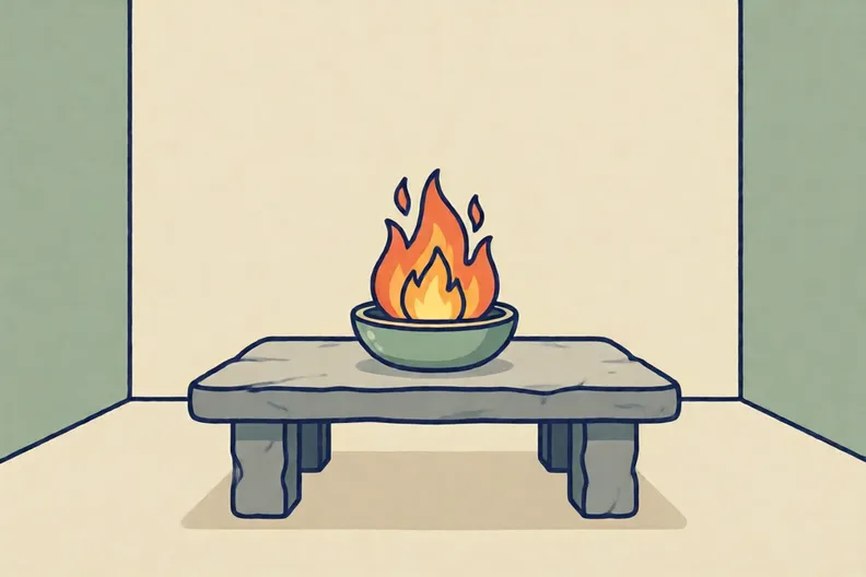 A small bowl of flames set on a stone table in a plain room