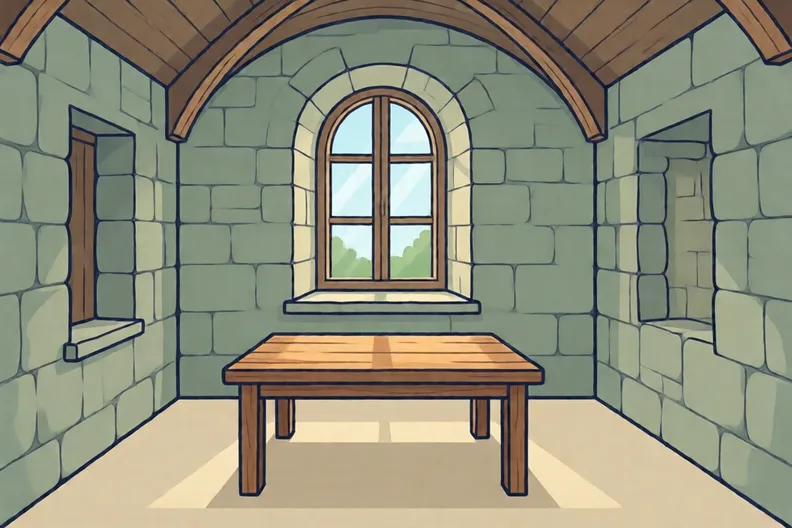 A plain stone room with a wooden table and a high window, with no people
