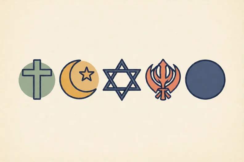 A row of five symbols on a board, including a cross and a crescent with star