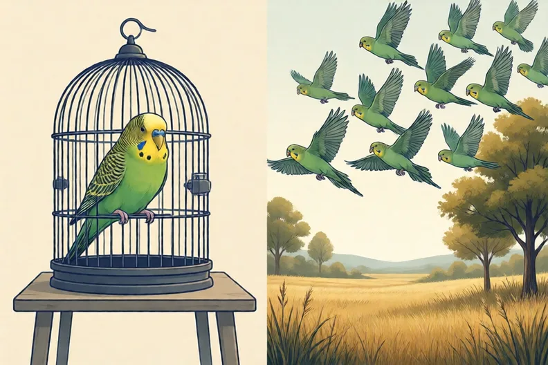 A budgie in a cage on a table, and a flock of wild budgies flying over dry grass
