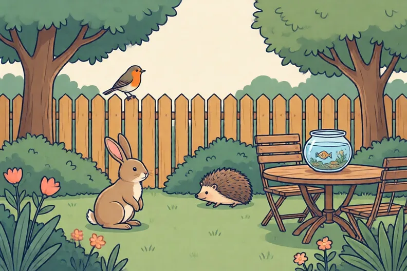 A back garden with a rabbit on the grass, a robin on a fence and a hedgehog under a bush