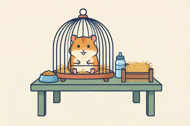A hamster in a cage with a food bowl, a water bottle and straw