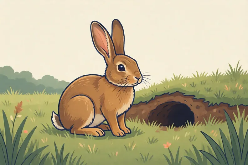A wild rabbit sitting in a grassy field near a burrow