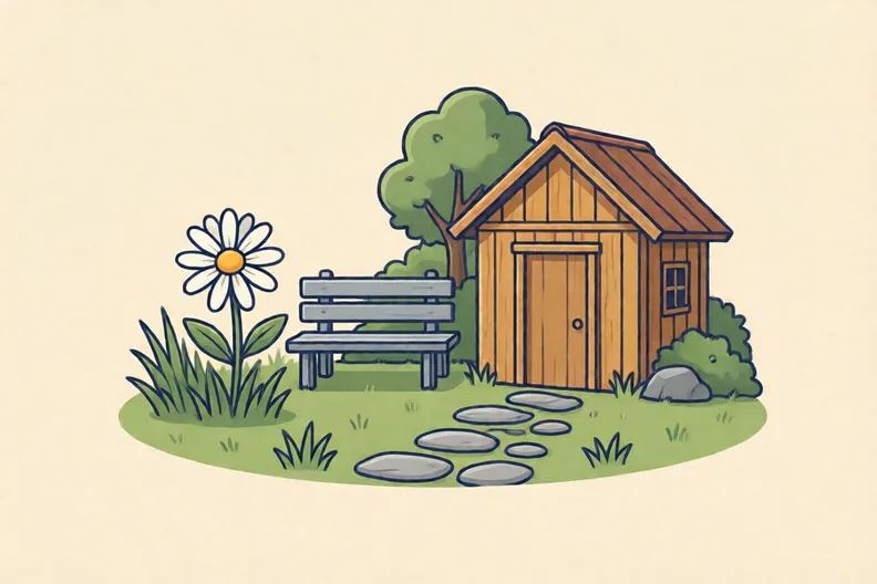 A small garden with a daisy, a bench, a shed and a path