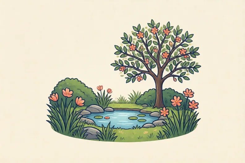 A small garden with a pond, a flowering tree and grass in spring