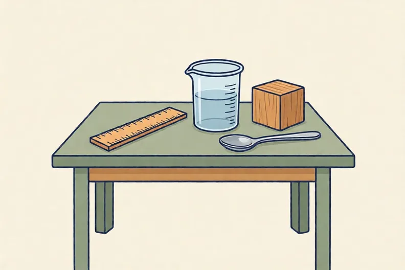 A kitchen table with a wooden ruler, a plastic beaker, a metal spoon and a wooden block