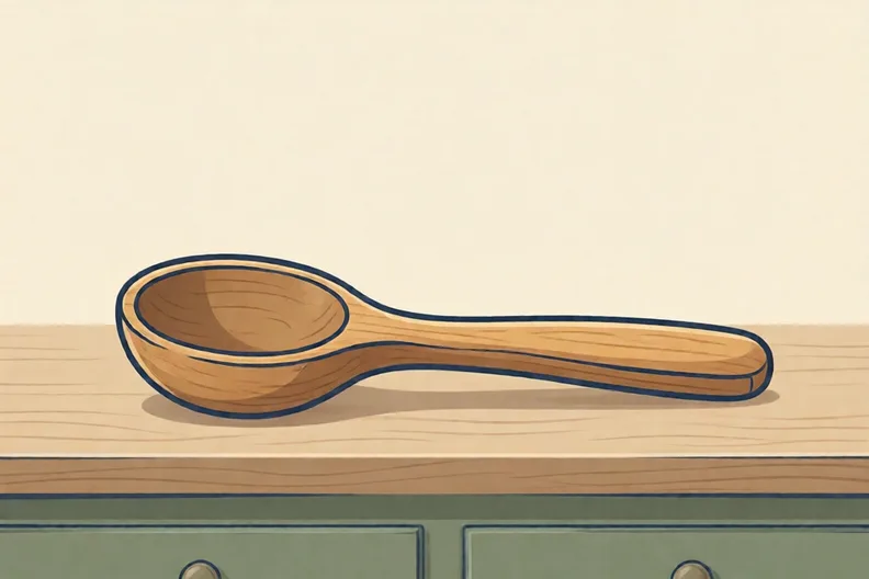 A wooden spoon lying on a kitchen worktop