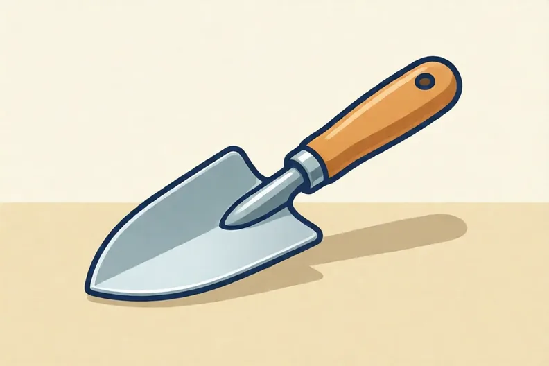 A garden trowel with a shiny blade and a wooden handle