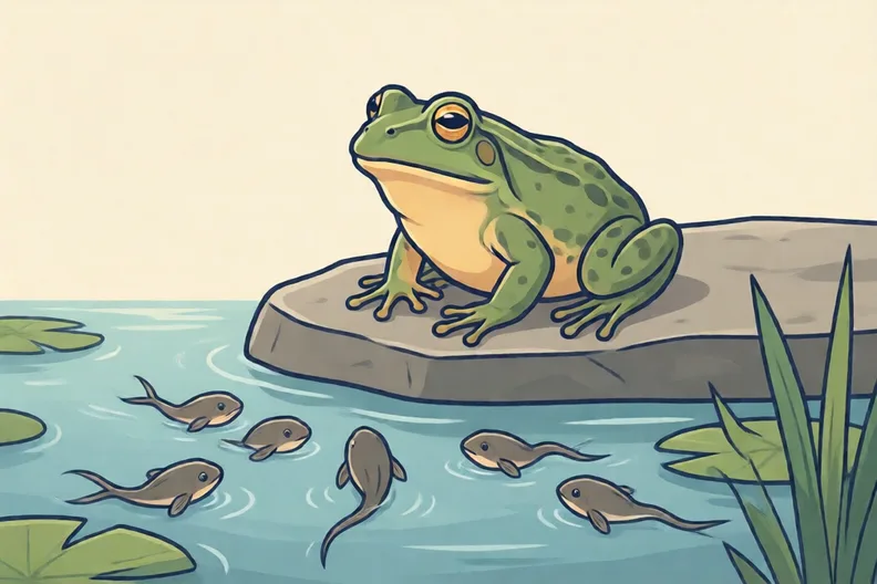 A frog sitting on a stone beside a pond with tadpoles swimming in the water