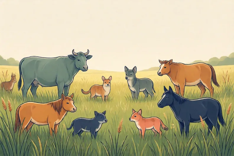A sunny meadow with several young and adult animals in long grass