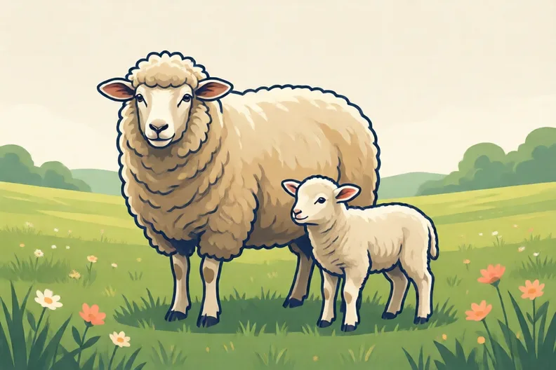 A woolly sheep standing beside its small lamb in a green field