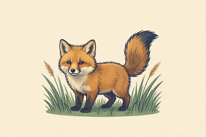 A small furry young animal with four legs and a bushy tail in long grass