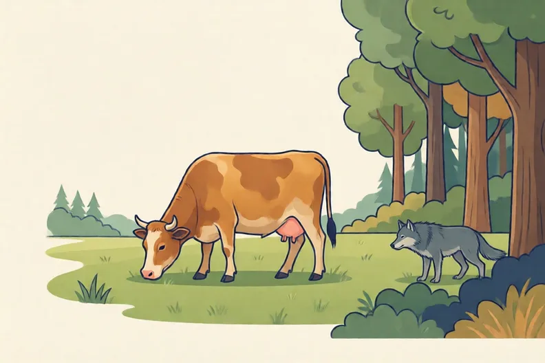 A cow eating grass in a field beside a dark forest where a wolf stands
