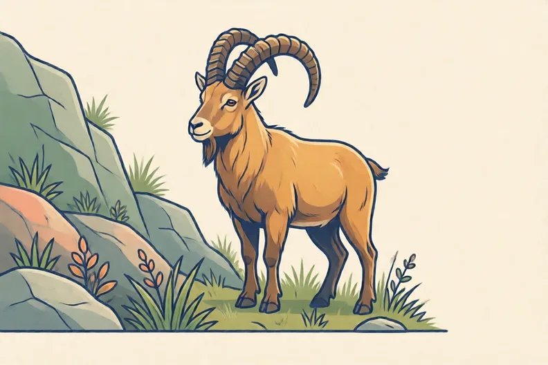 A mountain goat standing on a rocky hill with grass and small plants around it