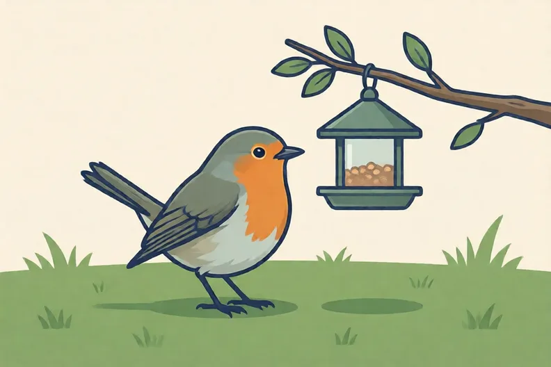 A robin on a lawn near a bird feeder hung from a branch