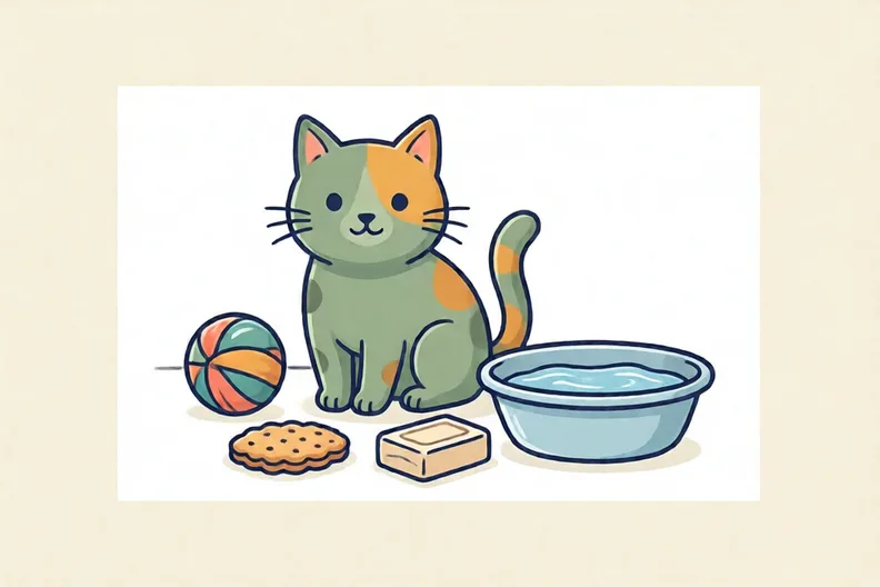 A cat, a ball, a biscuit and a bar of soap beside a basin of water
