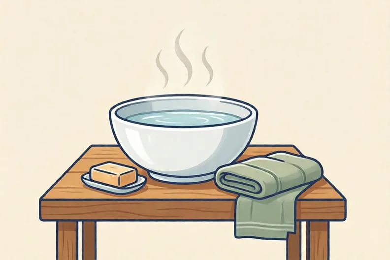 A bowl of warm water beside a bar of soap on a wooden table