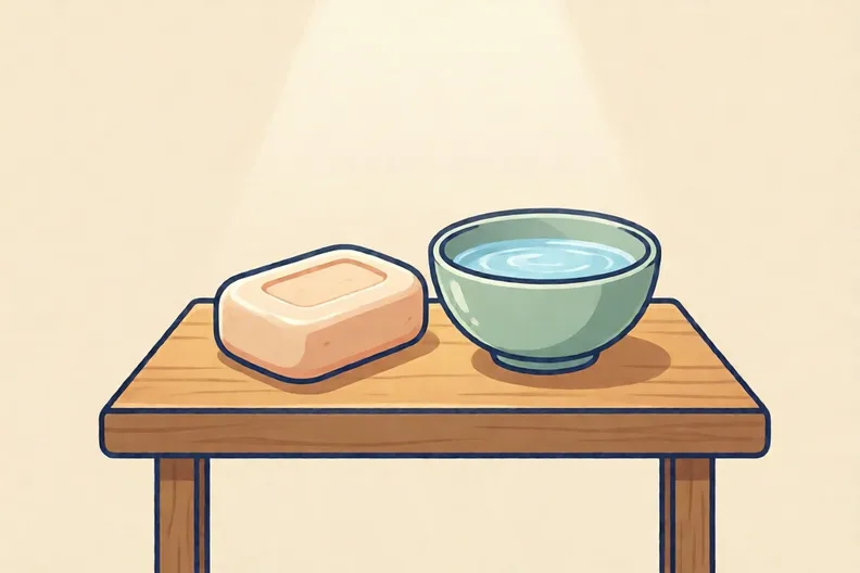 A clean bar of soap beside a bowl of warm water