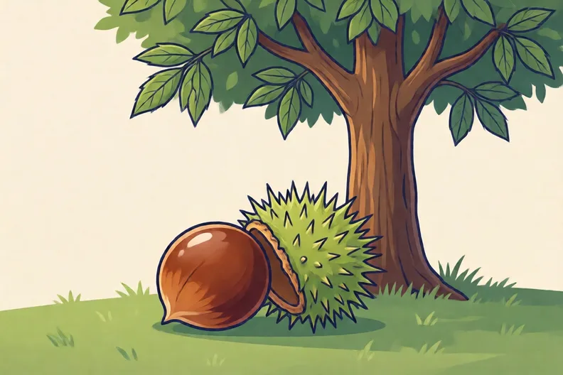 A shiny brown conker on the grass under a tall horse chestnut tree