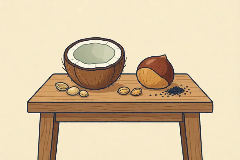 Several seeds of different sizes laid out on a wooden table