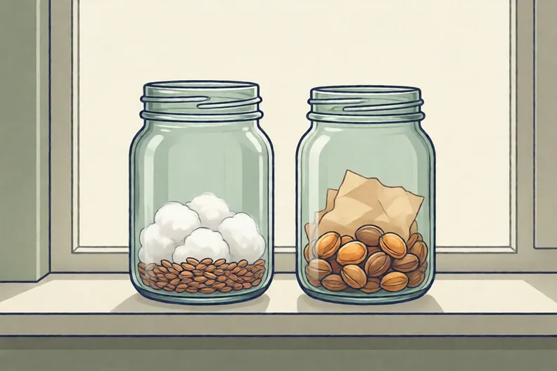 Two clear glass jars of seeds on a windowsill