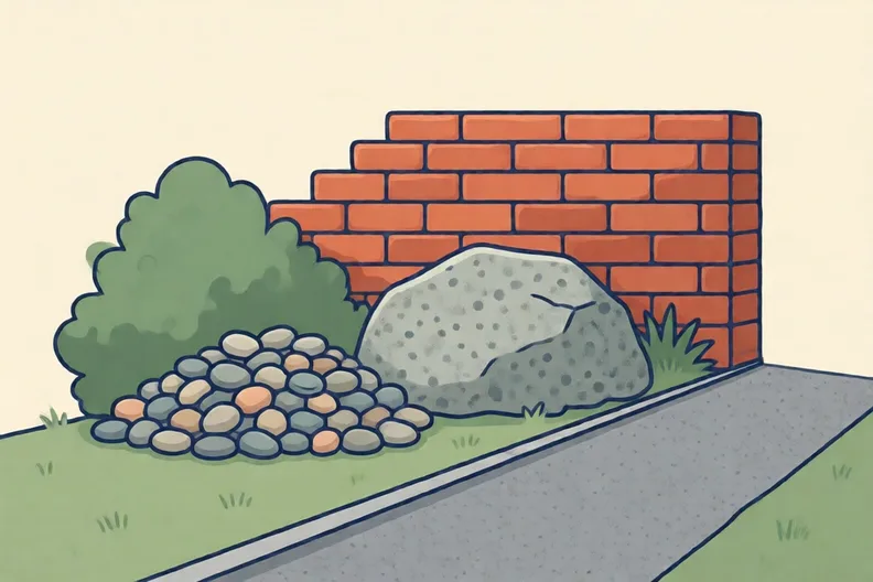 A back garden with pebbles in a bed, a big granite boulder, a brick wall and a grey tarmac path