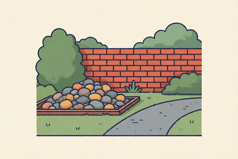 A back garden with a stone path, a brick wall and a grey tarmac path