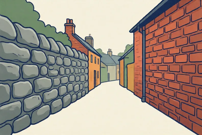 A stone wall next to a brick wall in a village lane