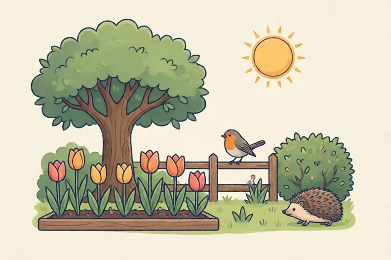 A sunny garden with an oak tree, a tulip, a robin on a fence and a hedgehog by a hedge