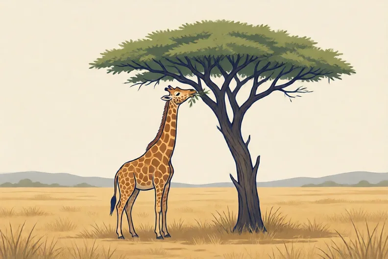 A giraffe reaching up to eat leaves from a flat-topped acacia tree on dry grass