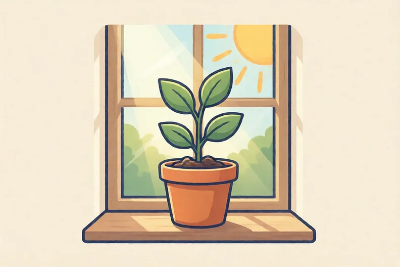A small plant in a pot of soil on a sunny windowsill
