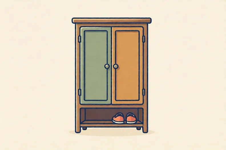 A wooden cupboard door closed tight, with a pair of shoes on the floor behind it