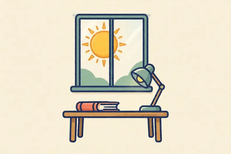 A bedroom with a window showing bright sunshine and a lamp in the corner switched off