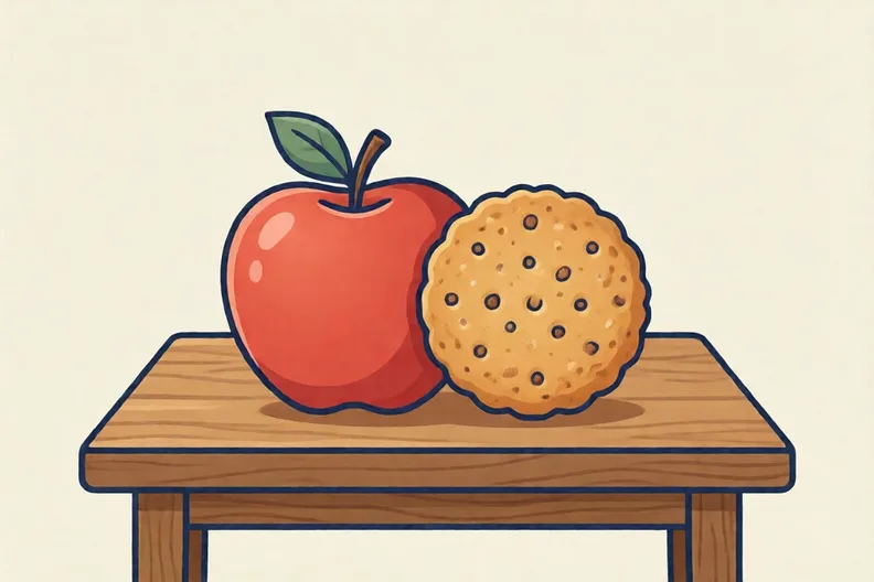 A red apple and a dry biscuit side by side on a table