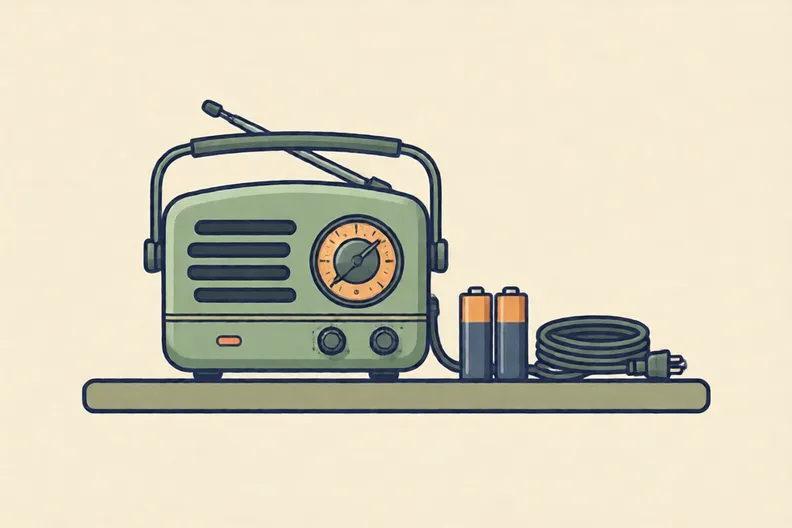 A small portable radio on a shelf beside a pair of spare batteries and a coiled mains lead