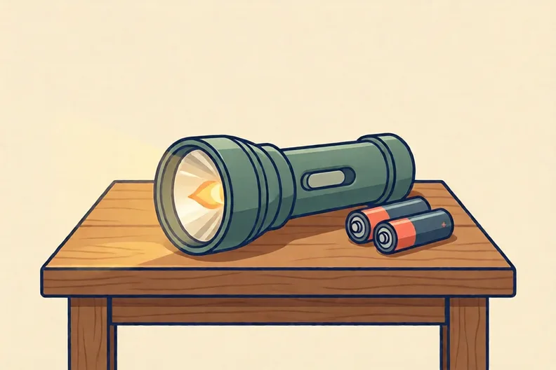 A torch lying on a wooden table next to two spare batteries