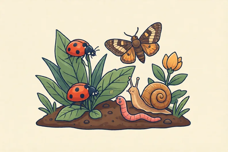 A garden patch with a ladybird, a moth, a snail and an earthworm on soil and leaves